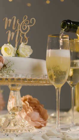 Wedding-Cake-With-Glasses-Of-Champagne-Against-Grey-Studio-Background-At-Wedding-Reception-1